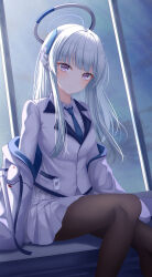 1girl absurdres blue_archive blue_necktie blue_sky blush breasts brown_pantyhose closed_mouth cloud coat collared_shirt dong_hawn formal_clothes hair_over_shoulder halo highres indoors light long_hair long_sleeves looking_at_viewer necktie night night_sky noa_(blue_archive) off_shoulder open_clothes open_coat pantyhose pleated_skirt purple_eyes shirt sidelocks sitting skirt sky small_breasts smile solo suit tag uniform white_coat white_shirt white_skirt white_suit window