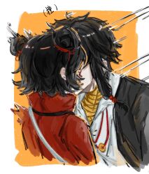 1boy 1girl absurdres black_jacket border chinese_commentary chinese_text coin coin_on_string commentary_request double_bun hair_bun hair_ribbon hetero highres holed_coin jacket kiss li_yuting_(female) ming_gege open_clothes open_jacket outside_border red_ribbon red_shirt ribbon shirt short_hair short_hair_with_long_locks surprise_kiss surprised touqi_guaitan translation_request white_border white_shirt yellow_background ziche_fuzhao