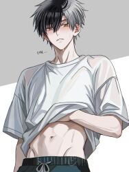 Rule 34 | 1boy, black hair, black shorts, blush, clothes lift, grey eyes, grey hair, gym shorts, hyohls2 (hamao3o), korean text, male focus, midriff, multicolored eyes, multicolored hair, navel, open clothes, open shirt, sakura haruka (wind breaker), shirt, shirt lift, short hair, shorts, simple background, solo, stomach, t-shirt, two-tone eyes, two-tone hair, white shirt, wind breaker (nii satoru), yellow eyes