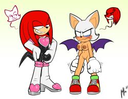 absurdres angry animal_ears body_switch bodysuit boots breasts bulge cosplay costume_switch crossdressing crotch_grab elbow_gloves embarrassed gloves grabbing_own_crotch high_heels highres knuckles_the_echidna large_breasts latex latex_bodysuit latex_boots latex_gloves naked_footwear nipples personality_switch pussy qqlettuce rouge_the_bat sega smug sonic_(series) tagme wings