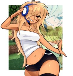 Rule 34 | black shorts, blonde hair, breasts, cleavage, hair over one eye, headphones, headset, highres, hip dips, microphone, minecraft, navel, rukitooty, shiny skin, shirt, shorts, strapless, tube top, white shirt