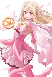 1girl absurdres blonde_hair boots breasts cloak dress elbow_gloves fate/kaleid_liner_prisma_illya fate_(series) frilled_dress frills from_behind gloves highres holding holding_staff illyasviel_von_einzbern kaze_22 long_hair looking_at_viewer mage_staff open_mouth pink_dress prisma_illya red_hair small_breasts solo staff standing standing_on_one_leg teeth thigh_boots tongue upper_teeth_only very_long_hair white_gloves