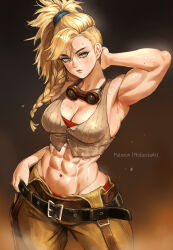1girl abs arm_behind_head armpits artist_name belt biceps black_belt blonde_hair blue_eyes blush body_freckles braid breasts brown_pants brown_shirt cleavage commentary contrapposto cowboy_shot crop_top english_commentary freckles gemma_(monster_hunter_wilds) goggles goggles_around_neck hair_between_eyes highres large_breasts long_hair looking_at_viewer midriff monster_hunter_(series) monster_hunter_wilds muscular muscular_female navel paid_reward_available pants patreon_username ponytail robusta_mania shirt side_braid sleeveless sleeveless_shirt solo standing sweat