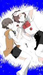 Rule 34 | 1boy, 1girl, absurdres, age difference, amada ken, black ribbon, black shorts, black skirt, bow, bowtie, brown hair, closed eyes, commentary request, eca leaf, grass, hair between eyes, hetero, highres, hood, hood down, hooded vest, hoodie, lying, neck ribbon, on side, onee-shota, orange vest, persona, persona 3, persona 3 portable, red bow, red bowtie, ribbon, shiomi kotone, shirt, shoes, short sleeves, shorts, skirt, socks, vest, white shirt, white shoes, white socks