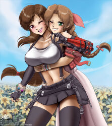 2girls aerith_gainsborough artist_name black_gloves black_skirt black_thighhighs blue_sky bluesky_username blush bow breasts brown_eyes brown_hair collarbone deviantart_username dress elbow_gloves field final_fantasy final_fantasy_vii final_fantasy_vii_remake fingerless_gloves flower flower_field gloves green_eyes grin hair_bow hair_ribbon highres hug hug_from_behind jacket john_joseco large_breasts long_hair low-tied_long_hair midriff miniskirt multiple_girls navel open_clothes open_jacket open_mouth pink_bow pink_dress pleated_skirt red_jacket ribbon signature skirt sky smile suspender_skirt suspenders tank_top thighhighs tifa_lockhart twitter_username white_tank_top yellow_flower yuri zettai_ryouiki