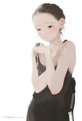 1girl absurdres backpack bag black_dress black_eyes commentary_request dress hands_up highres junito715 original pale_skin revision shadow short_hair signature solo upper_body white_background
