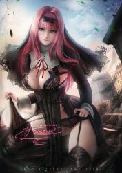 1girl axsen black_bow blue_eyes bow breasts fujiwara_chika kaguya-sama_wa_kokurasetai_~tensai-tachi_no_renai_zunousen~ large_breasts lingerie lips long_sleeves looking_at_viewer panties pink_hair thighhighs thighs underwear veil
