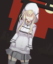 Rule 34 | 1girl, 9-nine-, absurdres, arms at sides, black choker, blonde hair, choker, commentary request, cowboy shot, criss-cross halter, dutch angle, evil smile, faceless, faceless female, facing viewer, garter straps, ghost (9-nine-), grey skirt, grey thighhighs, hair between eyes, hair over eyes, halterneck, hands in pockets, highres, hood, hood up, hoodie, long bangs, long hair, miniskirt, open mouth, pleated skirt, shaded face, shirayamakoma, sidelocks, skirt, smile, solo, thighhighs, white hoodie, zettai ryouiki