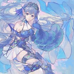 Rule 34 | 1girl, arm fins, blue eyes, blue hair, duel monster, fins, fish girl, head fins, highres, kitkallos (yu-gi-oh!), liiiyeee, looking at viewer, original, pointy ears, silver tiara, smile, solo, tearlaments kitkallos, tiara, yu-gi-oh!