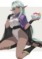 1girl aqua_hair belt black_belt black_cape braid cape capelet commentary_request covered_navel dark-skinned_female dark_elf dark_skin elf food gold_trim highleg highleg_leotard holding holding_food holding_spoon isa_(peien516) leotard long_hair looking_at_viewer pointy_ears purple_capelet red_eyes rosalinde_(unicorn_overlord) sandals smile solo spoon thighs toes twin_braids unicorn_overlord utensil_in_mouth white_leotard