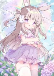 Rule 34 | 1girl, animal ears, blush, bow, brown hair, collared shirt, dog ears, flower, hair ornament, highres, holding, holding umbrella, long hair, open mouth, original, outdoors, pleated skirt, purple bow, purple eyes, purple skirt, ribbon, school uniform, shirt, short sleeves, skirt, smile, solo, thighhighs, umbrella, water, water drop, white shirt, white thighhighs, yuru (xxyuruxx)