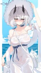 1girl absurdres bag bare_shoulders blue_archive blue_sky blush closed_mouth covered_navel demon_girl demon_horns dress hair_between_eyes hat high_heels highres holding holding_bag holding_shoes holding_unworn_clothes holding_unworn_hat horns kabedoru long_hair looking_to_the_side no_bra official_alternate_costume see-through_clothes see-through_dress sena_(blue_archive) sena_(casual)_(blue_archive) shoes sidelocks sky sun_hat sundress sweatdrop unworn_hat unworn_headwear wet wet_clothes wet_dress white_bag white_dress white_hair white_hat white_shoes yellow_eyes