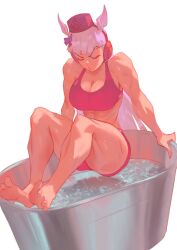 1girl abs animal_ears bare_shoulders barefoot bath bathtub blunt_bangs bow breasts brown_hat cleavage closed_eyes ear_bow ear_ribbon gold_ship_(umamusume) grey_hair hat highres horse_ears horse_girl horse_tail ice large_breasts long_hair midriff muscular muscular_female pillbox_hat purple_bow red_shorts red_sports_bra shorts solo sports_bra tail umamusume water workout_clothes yknivel_art