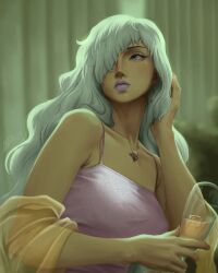 1girl bbdbg03 charlotte_smoothie closed_mouth commentary cup dress earrings eyeliner hair_over_one_eye highres holding holding_cup jewelry long_hair looking_to_the_side makeup necklace one_piece orange_shawl purple_dress purple_eyeliner shawl signature solo upper_body white_hair