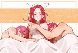 Rule 34 | 1girl, 2boys, ?, abby (kpop demon hunters), bare shoulders, bite mark, blanket, blush, breasts, chui art, highres, kpop demon hunters, long hair, looking at viewer, lying, mira (kpop demon hunters), multiple boys, navel, on side, orange background, outline, parted bangs, pink hair, red eyes, red hair, short hair, sleeping, small breasts, upper body, white background, white outline