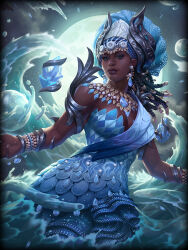 Rule 34 | 1girl, artist request, black hair, blue eyes, bracelet, breasts, cleavage, dress, earrings, jewelry, long hair, official art, smite, water, yemoja (smite)