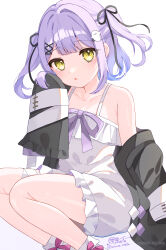 1girl black_jacket black_ribbon blush commentary dress ghost_hair_ornament hair_ornament hair_ribbon hair_tie highres jacket looking_at_viewer miuna_(user_dunp3235) off_shoulder open_clothes open_jacket open_mouth purple_hair ribbon shinomiya_runa shinomiya_runa_(1st_costume) signature solo twitter_username two_side_up virtual_youtuber vspo! white_background white_dress x_hair_ornament yellow_eyes