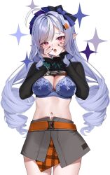 Rule 34 | 1girl, ahoge, bad id, bad twitter id, belle (zenless zone zero), belle (zenless zone zero) (cosplay), belt, black nails, black shirt, blush, bra, breasts, cleavage, clothes lift, commentary request, cosplay, cowboy shot, fingernails, hands on own face, highres, large breasts, long hair, long sleeves, looking at viewer, matrix16, midriff, nail polish, navel, open mouth, paid reward available, pointy ears, purple bra, purple hair, red eyes, shirt, shirt lift, simple background, solo, star (symbol), stomach, underwear, very long hair, vivian banshee, white background, zenless zone zero