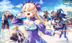 2boys 3girls aether_(genshin_impact) armor artist_request bare_shoulders beach black_dress black_gloves black_hair blonde_hair blue_capelet blue_hat blue_sky blue_sleeves blue_thighhighs braid braided_ponytail brown_pants capelet closed_eyes cloud cloudy_sky conch detached_sleeves dress fischl_(ein_immernachtstraum)_(genshin_impact) fischl_(genshin_impact) genshin_impact gloves guitar hat hat_ornament headdress highres instrument japanese_clothes kaedehara_kazuha large_hat medium_hair mona_(genshin_impact) multicolored_hair multiple_boys multiple_girls ocean open_mouth outdoors pants purple_dress purple_sleeves red_hair sand scarf shorts shoulder_armor single_braid sky smile streaked_hair teeth thighhighs two-tone_hair upper_teeth_only vambraces water white_gloves white_hair white_scarf witch_hat xinyan_(genshin_impact) yellow_eyes