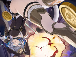 1girl absurdres animal_ear_fluff animal_ears animal_hood black_gloves black_leotard blue_eyes boots breasts cat_ears cat_girl cat_hood cat_tail cipher_(honkai:_star_rail) coin commentary explosion gloves gold_boots gold_coin grey_hair highres honkai:_star_rail honkai_(series) hood hooded_leotard isuhi large_breasts leotard looking_down short_hair_with_long_locks solo tail thighs tongue tongue_out