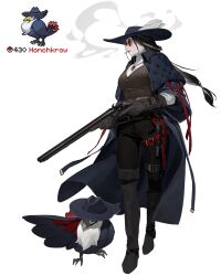 1girl absurdres belt bird black_footwear black_gloves black_hair black_hat boots breasts character_name cigarette commentary creature_and_personification gen_4_pokemon gloves gun hat hat_feather highres holding holding_gun holding_weapon honchkrow large_breasts long_hair looking_ahead low-tied_long_hair nintendo personification pokemon pokemon_(creature) red-tinted_eyewear red_eyes round_eyewear shotgun simple_background smoke smoking sunglasses thigh_belt thigh_strap tinted_eyewear umber weapon white_background wings
