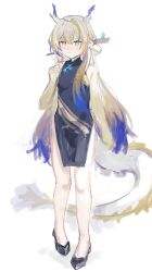 1girl absurdres arknights bare_arms bare_legs bare_shoulders black_dress blonde_hair blue_archive blue_hair blush china_dress chinese_clothes closed_mouth cosplay dragon_horns dragon_print dragon_tail dress full_body gradient_hair gradient_skin green_eyes hand_up highres horns kisaki_(blue_archive) kisaki_(blue_archive)_(cosplay) long_hair looking_at_viewer multicolored_hair nose_blush pelvic_curtain shoes shu_(arknights) simple_background sleeveless sleeveless_dress solo tail thighs two-tone_hair very_long_hair white_background zapik