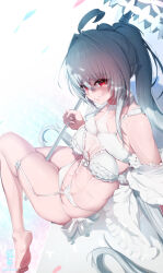 1girl absurdres ahoge bare_shoulders barefoot bikini breasts cleavage fate/grand_order fate_(series) frilled_bikini frills highres lady_avalon_(fate) lady_avalon_(second_ascension)_(fate) long_hair looking_at_viewer medium_breasts merlin_(fate/prototype) navel parasol pemojoke red_eyes smile solo swimsuit umbrella very_long_hair white_bikini white_hair