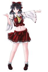 Rule 34 | 1girl, absurdres, adapted costume, ascot, bow, breasts, brown eyes, brown hair, closed mouth, commentary request, detached sleeves, elpis358, frilled bow, frilled hair tubes, frilled skirt, frills, full body, hair bow, hair tubes, hakurei reimu, highres, hip vent, large breasts, loafers, long hair, midriff, navel, red bow, red skirt, ribbon-trimmed sleeves, ribbon trim, shoes, sideboob, simple background, skirt, skirt set, smile, socks, solo, touhou, white background, white socks, yellow ascot
