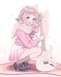 Rule 34 | 1girl, :d, blue eyes, blue ribbon, blush, braid, commentary request, falling petals, gakuen idolmaster, grey hair, guitar, hair ribbon, highres, holding, holding guitar, holding instrument, idolmaster, instrument, katsuragi lilja, loafers, long sleeves, looking at viewer, neck ribbon, open mouth, petals, pink ribbon, pink serafuku, pleated skirt, retsuna, ribbon, ribbon braid, sailor collar, sakura photograph (idolmaster), school uniform, serafuku, shoes, short hair, skirt, smile, socks, solo, squatting, white sailor collar