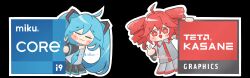 2girls :3 :d =_= absurdres ahoge amd aqua_hair aqua_necktie artist_name black_background black_skirt commentary detached_sleeves drill_hair english_commentary english_text grey_skirt hatsune_miku highres intel kasane_teto kasane_teto_(utau) looking_at_viewer multiple_girls necktie open_mouth parody pleated_skirt radeon red_eyes red_hair red_trim rzkillust shirt simple_background skirt sleeveless sleeveless_shirt smile twin_drills twintails utau vocaloid