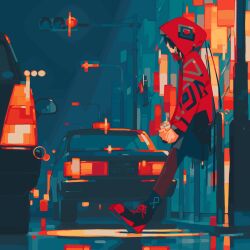 1girl against_railing black_boots blue_hair boots building can car city earrings fagun_yibei floating_earrings from_side full_body highres holding holding_can hood hood_up hooded_jacket jacket jewelry kamitsubaki_studio lamppost long_sleeves motor_vehicle night outdoors pantyhose profile railing red_jacket red_pantyhose rim_(kamitsubaki_studio) road short_hair solo spotlight toes_up traffic_light virtual_youtuber