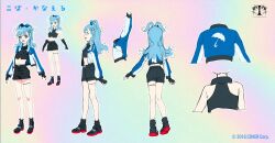 Rule 34 | 1girl, absurdres, black footwear, black gloves, black shirt, blue eyes, blue hair, blue jacket, boots, character name, reference sheet, colored tips, concept art, crop top, ear piercing, fingerless gloves, gloves, hasu, highres, hololive, hololive indonesia, iii (hololive), jacket, kobo kanaeru, long hair, midriff, multicolored hair, multicolored jacket, multiple views, navel, official art, piercing, print jacket, shirt, two-tone hair, two-tone jacket, umbrella print, virtual youtuber, wavy hair, white hair, white jacket