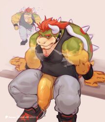 1boy absurdres bara black_tank_top bowser chest_hair commentary english_commentary facial_hair flaccid foreskin_insertion furry furry_male goatee highres horns huge_penis kawaakumma male_focus mario_(series) multiple_views muscular muscular_male nintendo pants penis penis_out red_hair reptile_boy running sitting solo spiked_shell sweat sweatpants tank_top variant_set veins veiny_penis wristband