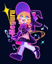 1girl :d absurdres apron artist_request black_background black_capelet black_gloves black_shoes black_skirt black_vest blonde_hair blue_eyes blush_stickers bow bowtie braid bright_pupils buttons capelet character_name commission cookie_(touhou) elbow_gloves full_body gloves hair_between_eyes hair_bow hand_on_headwear hat hat_bow highres kirisame_marisa looking_at_viewer mary_janes meguru_(cookie) music open_mouth outline pantyhose purple_outline red_bow red_bowtie second-party_source shoes short_hair side_braid simple_background single_braid skirt skirt_set smile solo sparkle touhou vest waist_apron walking white_pantyhose white_pupils witch_hat
