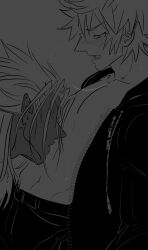 2boys black_coat_(kingdom_hearts) blush breath closed_eyes dark-skinned_male dark_skin greyscale heavy_breathing kingdom_hearts kingdom_hearts_ii kiss kissing_stomach long_hair looking_at_another male_focus monochrome multiple_boys navel nekokat42 open_mouth pointy_ears roxas short_hair spiked_hair sweat unzipped xemnas yaoi