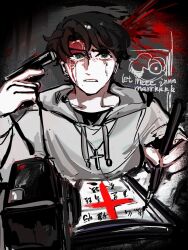 black_hair blood blood_splatter boluoyuxiaogou camera chinese_text crazy_eyes cross cross_necklace crying crying_with_eyes_open distress english_text firing green_eyes grey_hoodie gun gun_to_head highres holding holding_gun holding_pen holding_weapon hood hood_down hoodie imminent_suicide jewelry mandela_catalogue mark_heathcliff_(mandela_catalogue) necklace open_mouth pen red_cross short_hair tears weapon writing