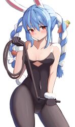 1girl absurdres animal_ears black_gloves black_leotard black_pantyhose blue_hair blush breasts carrot_hair_ornament closed_mouth food-themed_hair_ornament fur-trimmed_gloves fur_trim gloves hair_ornament hashira_14 highres holding holding_whip hololive leotard looking_at_viewer multicolored_hair orange_eyes pantyhose rabbit_ears rabbit_girl rabbit_tail small_breasts strapless strapless_leotard tail two-tone_hair usada_pekora usada_pekora_(1st_costume) virtual_youtuber white_hair