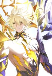 1boy alternate_costume asymmetrical_wings blonde_hair commentary_request cracked_skin hair_between_eyes halo halo_behind_head highres honkai:_star_rail honkai_(series) kamino_eru male_focus material_growth parted_lips phainon_(honkai:_star_rail) short_hair simple_background solo upper_body watermark white_background wings yellow_blood yellow_eyes