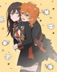 2girls akehoshi_subaru bbahot black_hair black_jacket black_shirt blue_eyes closed_mouth cowboy_shot ensemble_stars! genderswap genderswap_(mtf) hair_between_eyes hair_ornament hidaka_hokuto highres houndstooth hug hug_from_behind jacket long_hair looking_at_viewer mixed-language_commentary multiple_girls open_mouth orange_hair shirt smile star_(symbol) star_hair_ornament sweatdrop teeth upper_teeth_only yellow_background