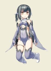 1girl absurdres black_hair blush boots breasts elbow_gloves expressionless fate/kaleid_liner_prisma_illya fate_(series) fingerless_gloves full_body gloves highres leotard looking_to_the_side magical_girl magical_sapphire medium_hair miyu_edelfelt purple_leotard simple_background small_breasts solo thighhighs twintails yellow_eyes zhongye_yu