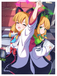 2girls ^_^ absurdres aqua_bow arm_up back-to-back black_skirt black_thighhighs blonde_hair blue_archive blue_necktie blunt_bangs blurry blurry_background blush border bow checkered_floor clenched_hand closed_eyes closed_mouth commentary feet_out_of_frame fist_pump frown green_eyes green_halo halo handheld_game_console happy highres holding holding_handheld_game_console hood hood_down indoors jacket looking_at_viewer medium_hair midori_(blue_archive) miniskirt momoi_(blue_archive) moru_(moru20000) multiple_girls necktie nintendo_switch open_clothes open_jacket open_mouth outside_border pink_halo pleated_skirt red_bow shirt short_necktie siblings sisters sitting skirt thighhighs twins v-shaped_eyebrows victory_pose white_border white_jacket white_shirt
