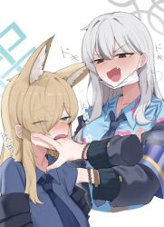 2girls animal_ears blonde_hair blue_archive blush breasts commentary_request fang finger_in_another&#039;s_mouth gurenola halo kanna_(blue_archive) konoka_(blue_archive) long_hair mask mask_pull mouth_mask multiple_girls open_mouth shirt surgical_mask tongue tongue_out yuri