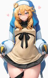1boy absurdres androgyne_symbol black_gloves black_panties black_ribbon blush bridget_(guilty_gear) cowboy_shot fingerless_gloves gloves guilty_gear guilty_gear_strive hair_between_eyes hakusyokuto hat heart highres hood hood_up hooded_jacket jacket looking_at_viewer male_focus medium_hair miniskirt multicolored_jacket panties panty_pull ribbon simple_background skirt skirt_hold smile solo sweat thigh_gap trap two-tone_jacket underwear white_background