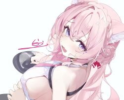 1girl ahoge animal_ears apron back blush braid braided_bun breasts chest_belt crown_braid fang hair_bun hair_ribbon hakui_koyori hakui_koyori_(1st_costume) heart heart_in_eye highres holding hololive large_breasts laudayon long_hair looking_at_viewer median_furrow necktie open_mouth pink_hair pink_necktie purple_eyes red_ribbon ribbon shirt shoulder_blades sideboob signature simple_background smile solo symbol_in_eye tearing_up virtual_youtuber white_apron white_background white_shirt wolf_ears wolf_girl