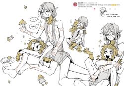 1boy 1girl arm_tattoo blonde_hair boots chest_tattoo commentary drooling dungeon_meshi elf english_commentary english_text fleki full-body_tattoo gloves gorget grey_hair hair_around_ear highres hug hug_from_behind leg_tattoo long_hair low_twintails lycion lying_on_person mushroom notched_ear nova_1810 partially_colored pointy_ears screenshot_inset single_glove sleeping sleeveless smile sweatdrop tattoo topless_male tunic tweet twintails white_background