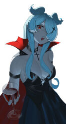 1girl absurdres alternate_costume alternate_species ambiguous_red_liquid arm_behind_back armband armpit_crease asymmetrical_bangs asymmetrical_sidelocks black_armband black_cape black_choker blue_hair blue_skirt blue_wings bodice breasts cape choker cleavage collarbone collared_cape colored_skin colored_tips commentary cross-laced_clothes cross-laced_top cross-shaped_pupils cross_hair_ornament cross_pendant cup drinking_glass dutch_angle elira_pendora english_commentary eyebrows_hidden_by_hair fangs fingernails grey_skin hair_ornament hair_over_one_eye hair_wings half-closed_eyes head_tilt head_wings highres holding holding_cup karassawa long_eyelashes long_fingernails long_sidelocks looking_at_viewer looking_to_the_side looking_up medium_breasts multicolored_hair mystical_high_collar narrowed_eyes nijisanji nijisanji_en open_mouth outstretched_arm pale_skin parted_bangs pointy_ears raised_eyebrows red_cape red_eyes red_nails shade sidelocks simple_background skirt solo symbol-shaped_pupils teeth thick_eyelashes two-sided_cape two-sided_fabric two-tone_wings upper_teeth_only vampire virtual_youtuber white_background white_hair white_wings wine_glass wings
