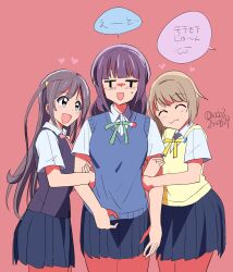 3girls :3 arm_hug asaka_karin black_hair black_vest blue_hair blue_shirt blue_skirt blue_vest blush closed_eyes closed_mouth collared_shirt commentary_request dated green_ribbon grey_eyes grey_hair heart highres long_hair love_live! love_live!_nijigasaki_high_school_idol_club medium_hair multiple_girls nakasu_kasumi neck_ribbon nijigasaki_school_uniform one_side_up open_mouth pink_ribbon pleated_skirt raised_eyebrow red_background ribbon school_uniform shirt short_hair short_sleeves skirt speech_bubble standing summer_uniform sweat t_t translation_request twitter_username uchi upper_body vest yellow_ribbon yellow_vest yuki_setsuna