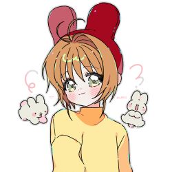 1girl animal_ear_hairband animal_ears artist_name blush brown_hair cardcaptor_sakura closed_mouth fake_animal_ears green_eyes grey_outline hairband highres kinomoto_sakura long_sleeves looking_at_viewer outline rabbit rabbit_ear_hairband rabbit_ears red_hairband shirt short_hair simple_background smile solo turtleneck turtleneck_shirt upper_body white_background yalmyu yellow_shirt