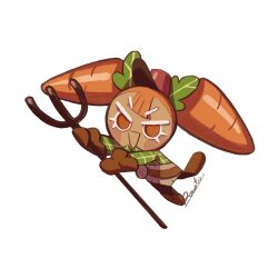 1girl artist_name boots brown_boots brown_gloves brown_pants carrot_cookie center-flap_bangs cookie_run food-themed_hair full_body gingham_shirt gloves green_shirt hair_between_eyes hair_ornament hat highres holding holding_pitchfork leaf_hair_ornament long_hair long_sleeves looking_at_viewer open_mouth orange_eyes orange_hair pants pitchfork red_hat rn9j shirt simple_background smile solo standing standing_on_one_leg triangle_mouth twintails v-shaped_eyebrows white_background
