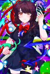 absurdres asymmetrical_wings black_dress black_hair black_thighhighs blue_wings bow bowtie breasts center_frills colorful dress frills highres hirwannew houjuu_nue karakasa_obake medium_breasts moon polearm red_bow red_bowtie red_eyes red_wings snake stage_connection thighhighs thighs touhou trident ufo umbrella undefined_fantastic_object weapon wings